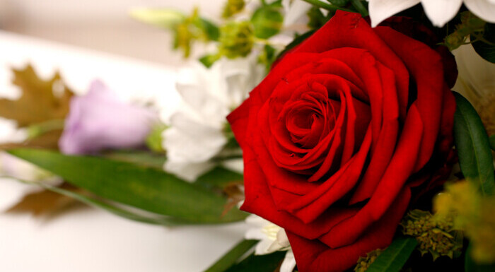 Kirkelig handling, begravelse, bisættelse, bårebuket, blomster, bredformat