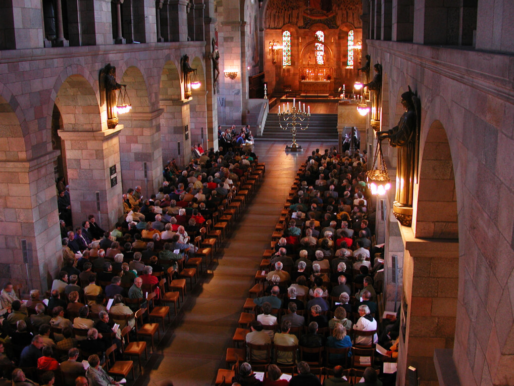 Kirkeforsamling set oppefra i Viborg Domkirke.